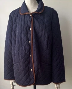 Talbots Jacket Women’s Size Large Navy Blue Quilted Brown Trim Collared Pockets - Picture 1 of 6