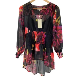 Coast Black Multicoloured Floral Shirred High Low Sheer Overlay Top UK 14 NWT - Picture 1 of 10