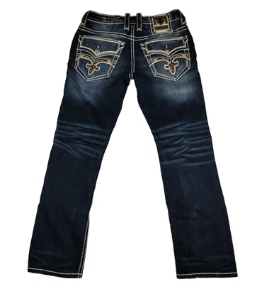 Jeans masculino Rock Revival tamanho 32x30 Clem reto bordado ponto grosso jeans em excelente estado usado - Imagem 1 de 4