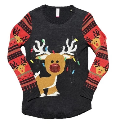 Suéter Feo Navidad Juniors Talla L (11-13) Reno Lentejuelas Nariz Adulto Foto 1 de 4