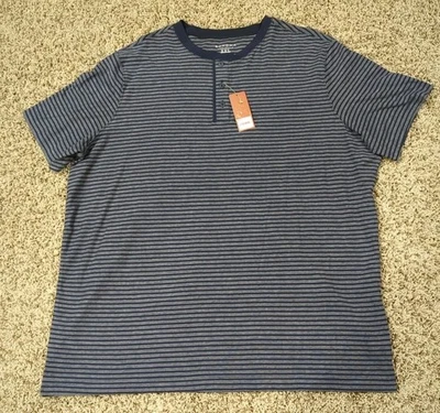 全新带标签 Sonoma XXL 短袖亨利衬衫海军蓝和灰色条纹 — 第 1/4 张图片