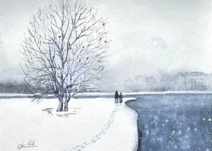 Original painting landscape Together to the ends of the earth River Watercolor - Picture 1 of 6