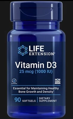 Life Extension 维生素 D3 25 微克 (1000 IU) 90 粒软胶囊 — 第 1/2 张图片