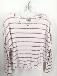 Paper Crane Women's Sm White Waffle Top Horizontal Pink Stripes Loose Batwings - Imagen 1 de 8