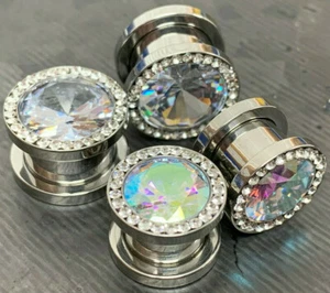 PAIR Large CZ Gem Rimmed 316L Surgical Steel Screw Fit Plugs Tunnels Gauges - Picture 1 of 20