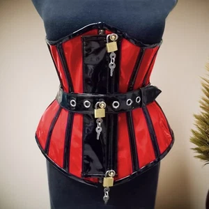 Corset Bustier Locks Key Waist Slimmer Lace Up Steel Boned Bodice Patent Leather - Picture 1 of 9