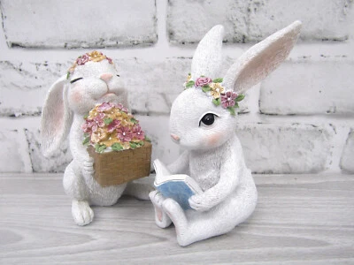 Par de 2 pequeños conejos de resina con flores de libro figuras Pascua primavera Foto 1 de 4