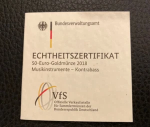 Echtheits Zertifikat für 50 Euro Gold Musikinstrumente Kontrabass 2018 - Bild 1 von 3