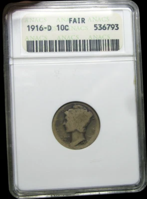 1916-D Mercury Dime Silver ---- Fair ANACS Old Slab ---- #240C - Image 1 of 4