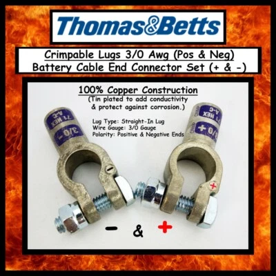 3/0 Ga Positive & Negative Set Copper Battery Terminals Crimp Pos Neg Industrial - Image 1 of 4
