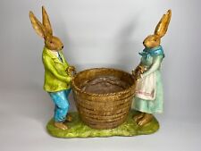 NOS Girl & Easter BUNNY & Boy with basket, NCE, PLANTER Rabbit Resin Figure NIB
