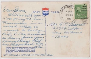 Cubierta postal DPO 1947 Cheyenne WYO campo de correo aéreo RMS dúplex a San Antonio TX - Imagen 1 de 2