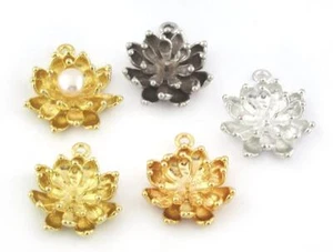 Ciondolo fiore di loto spilla perla vuota oro lucido-argento, ottone grezzo 5314 - Foto 1 di 2
