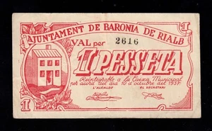 F.C. BARONIA DE RIALB (LÉRIDA) , 1 PESETA , MBC+ . - Imagen 1 de 2