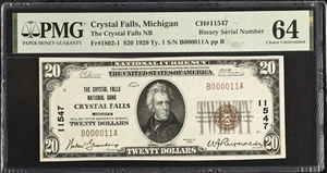 Low Serial Number 11 Crystal Falls, MI - $20 1929 Ty. 1 Ch. # 11547 PMG - Picture 1 of 2