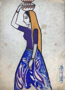 Jamini Roy Schule Indien Kunst Bengalen Gemälde Ashoke Deb Gouache 70er Jahre Dame - Bild 1 von 2