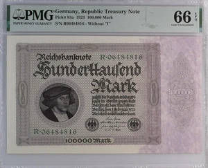 Germany Republic Treasury Note 100000 Mark 1923 P 83a UNC PMG 66 EPQ 2nd TOP POP - Picture 1 of 4