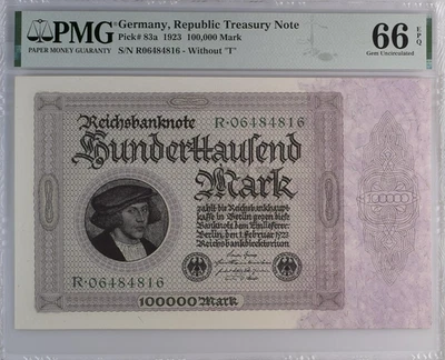 Germany Republic Treasury Note 100000 Mark 1923 P 83a UNC PMG 66 EPQ 2nd TOP POP - Image 1 of 4