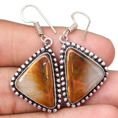 Tiger's Eye Gemstone Handmade Silver Jewelry Earrings 1.5'' - Image 1 of 4