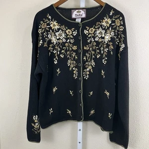 Vintage Y2K Tiara International Cardigan L Large Black Sequins Embroidered - Picture 1 of 9
