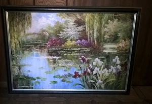Original Pond With Flowers Textured Oil Painting On Canvas Framed Still Life - Picture 1 of 17