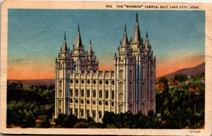 Leinen Postkarte Mormonentempel Salzsee Stadt Utah Sonnenuntergang UNP - Bild 1 von 2