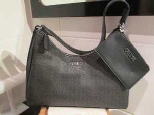 GUESS hobo CARRIS shoulder bag, pouch, sports stripe, coal, logo, BNWT - Picture 1 of 15