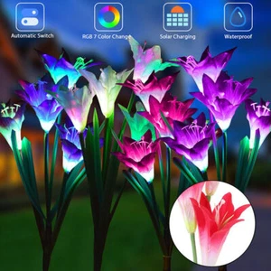 Solar Lily Flowers Garden Stake Lights 4 Head LED Outdoor Yard Garden Decor Lamp - Picture 1 of 32