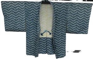 Japanese Vintage Kimono Haori Jacket Silk Blue front string Height 32.67in - Picture 1 of 23