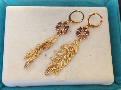 18K Yellow Gold Filled Deep Red CZ Flower Mini Hoop Leaf Tassel Dangle Earrings - Image 1 of 3