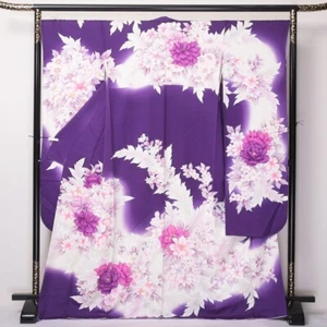 Japanese KIMONO Furisode PURE SILK Peony Cherry Blossom Pattern Purple - Picture 1 of 10