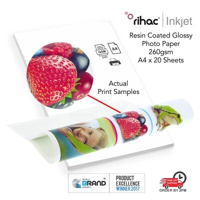 Rihac A4 Premium High Gloss Resin Coated Inkjet Photo Paper 260gsm 20pk - Image 1 of 3