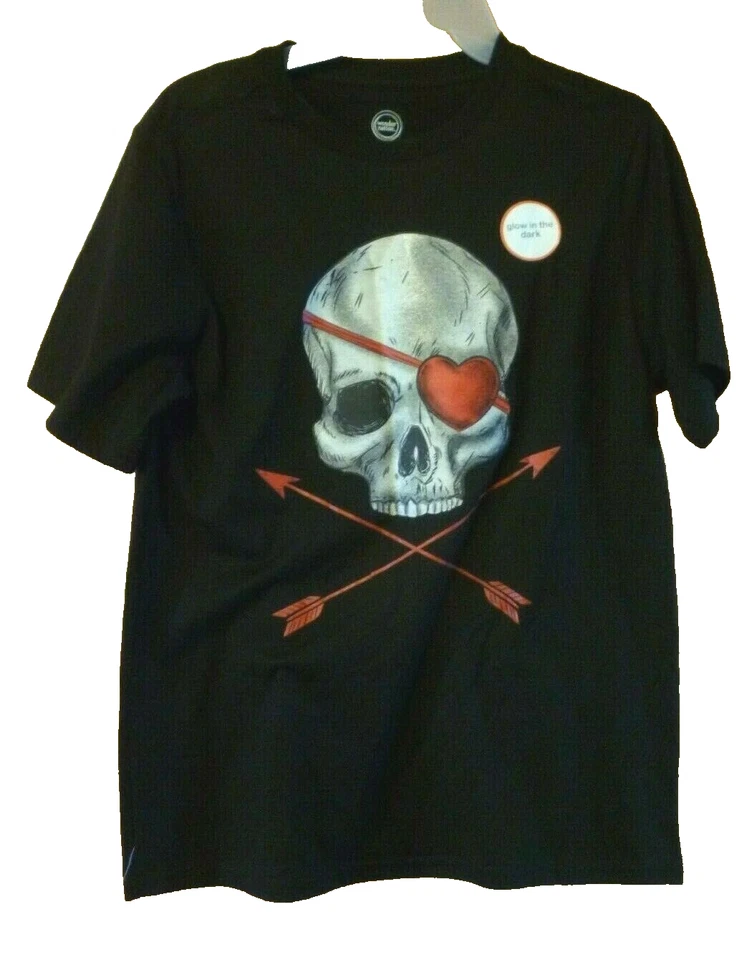 New Boy's M (8)  Black Skull with Patch T-Shirt Glow  in the Dark Halloween - Image 1 of 1