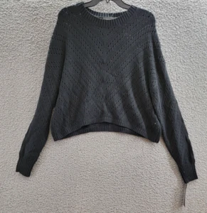 French Connection Long Sleeve Eyelet Sweater Women's L Black Crew Neck Pullover - Picture 1 of 14