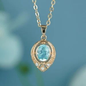 9K Yellow Gold Natural Blue Topaz and Diamond Vintage Style Pendant - Picture 1 of 10