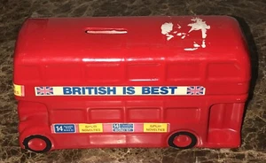 Vintage British Is Best London UK Red Double-Decker Bus Ceramic Coin Bank W/ Cap - Picture 1 of 5