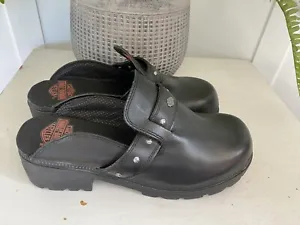 Harley Davidson Womens Size 8M Elsie Black Leather Mules 90's Look Chunky Shoes - Picture 1 of 6