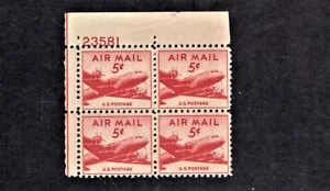 1946-7 U.S. AIRMAIL 5c DC-4 SKYMASTER Plt#Blk Sc#C33 M/NH/OG PRISTINE ^ - Picture 1 of 1