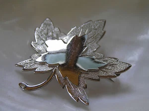 Vintage MONET Signed Etched & Smooth Silvertone Maple Leaf Pin Brooch – marked - Picture 1 of 3