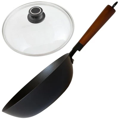 BAF Wok 28cm Induktion Gusseisen Wokpfanne Antihaft beschichtet Holzgriff Deckel - Bild 1 von 4