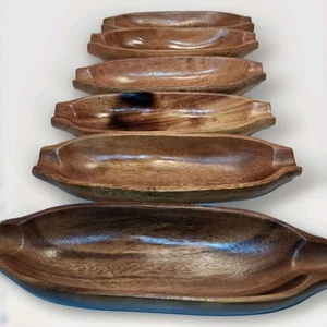 Vintage set of 6 Hand Carved MCM Monkey Pod Wood Corn On Cob Serving Dishes - Imagen 1 de 11