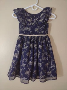 Janie and Jack Dark Blue Floral Gold Sparkle Holiday Dress Navy Glitter Girls 5 - Picture 1 of 6