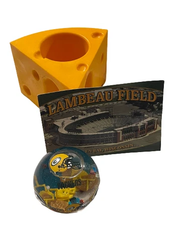 Green Bay Packer Fan Set Lambeau Field Postcard Paperweight Cheesehead Cozy Cover