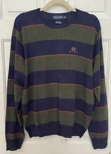 Polo Golf Ralph Lauren Wool Cashmere Crew Neck Sweater Blue Green Striped Sz L - Picture 1 of 4