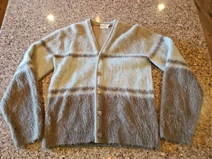 Campus Pullover Orlon Acryl & Mohair grün gestreift Cardigan Jungen 20 USA Vintage - Bild 1 von 13
