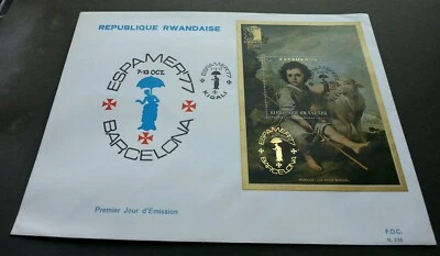 Rwanda Painting 1977 Sheep Art (FDC) *ESPAMER '77  *gold foil *unusual - Image 1 of 4