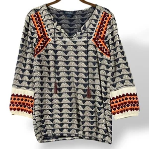 Lucky Brand Oberteil Damen XS beige/marine bestickt Quaste zum Binden Bauernpullover - Bild 1 von 8