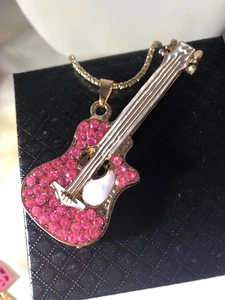 Betsey Johnson Necklace Guitar Gold Crystal Pink Rock N Roll Gift Box - Picture 1 of 12