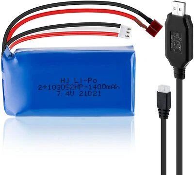 7.4V 1400mAh Battery + USB Charger for WLtoys A959-b/A969-b/A979-b/K929-B RC Car - Image 1 of 4