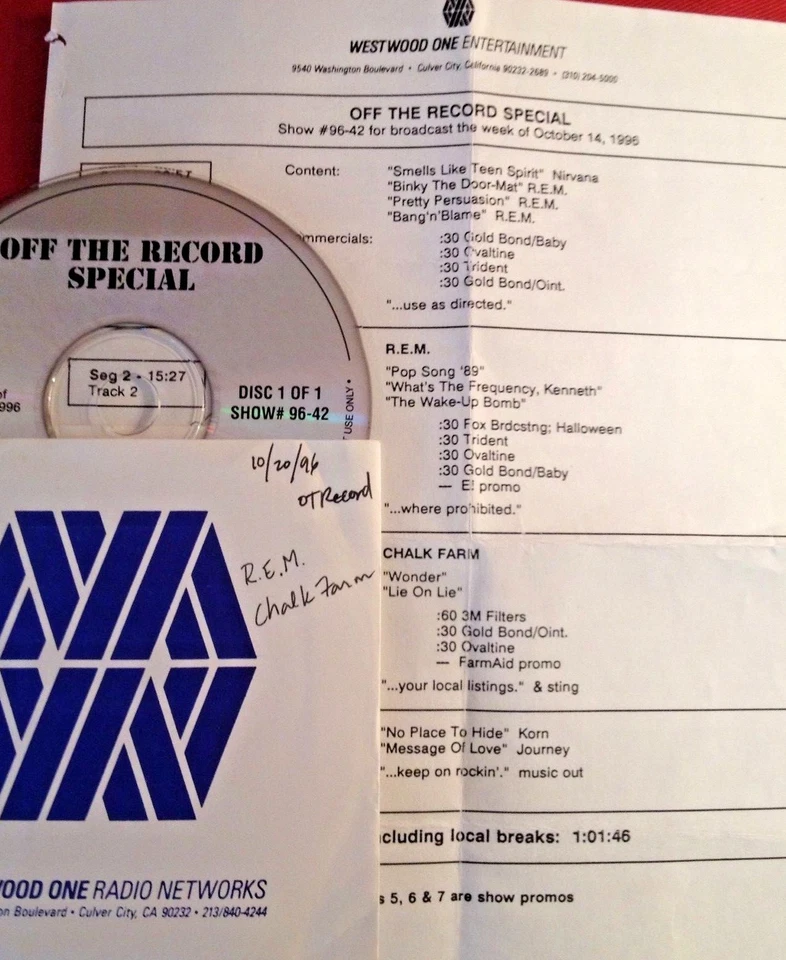 RADIO SHOW: OFF THE RECORD SPECIAL 10/14/96 REM & CHALK FARM FEATURES - Imagem 1 de 1